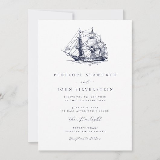 Elegant Nautical Boat Illustration Wedding Einladung (Vorderseite)