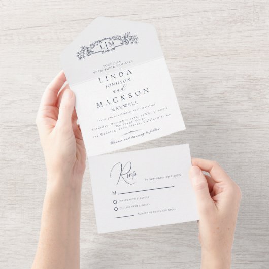 Elegant Nautical botanical Wappen Monogramm Hochze All In One Einladung (Abreißen)