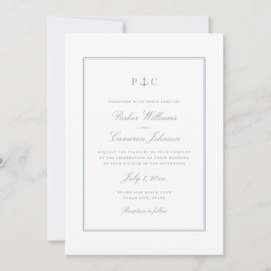 Elegant Nautical Dusty Blue Anchor Wedding Einladung (Vorderseite)