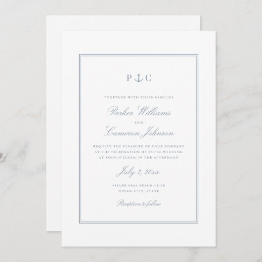 Elegant Nautical Dusty Blue Anchor Wedding Einladung (Vorne/Hinten)