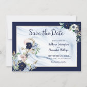 Elegant Nautical Floral Anchor Navy Blue Save The Date (Vorderseite)