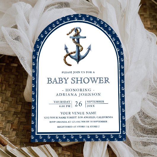 Elegant Nautical Navy Blue Anchor Baby Shower Einladung
