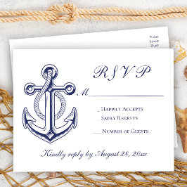Elegant Nautical Navy Blue Anchor Wedding RSVP Einladungspostkarte