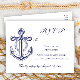 Elegant Nautical Navy Blue Anchor Wedding RSVP Einladungspostkarte