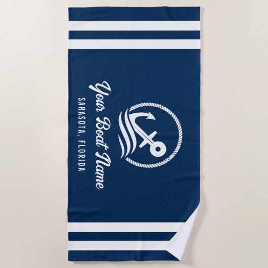 Elegant Nautical Navy Blue Custom Boat Name Strandtuch (Vorderseite)