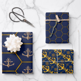 Elegant Nautical Navy & Gold Geschenkpapier Set
