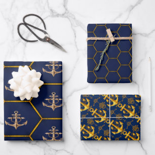 Elegant Nautical Navy & Gold Geschenkpapier Set