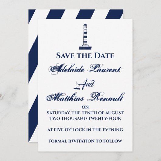 Elegant Nautical Save the Date - Navy Blue, Einladung (Vorne/Hinten)