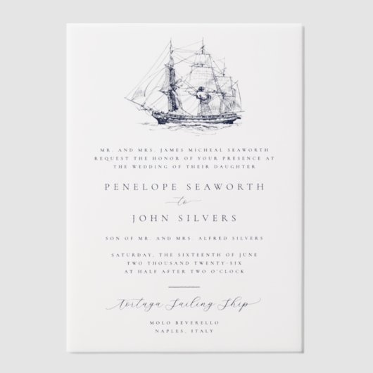 Elegant Nautical Ship Illustration formale Hochzei Pergament Einladungen (Vorderseite)