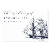 Elegant Nautical Ship Illustration Script Wedding Tischnummer (Rückseite)