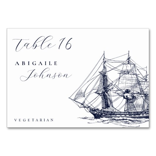 Elegant Nautical Ship Illustration Script Wedding Tischnummer (Vorderseite)