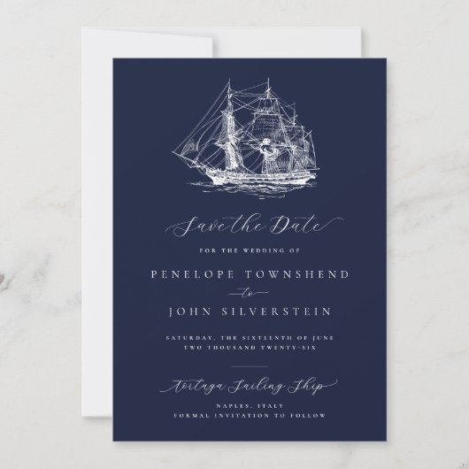 Elegant Nautical Ship Navy Blue Wedding Save The Date (Vorderseite)