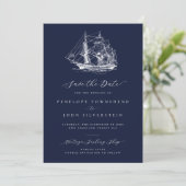Elegant Nautical Ship Navy Blue Wedding Save The Date (Stehend Vorderseite)