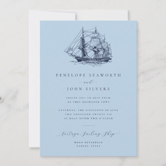 Elegant Nautical Ship Sky Blue Wedding Einladung (Vorderseite)