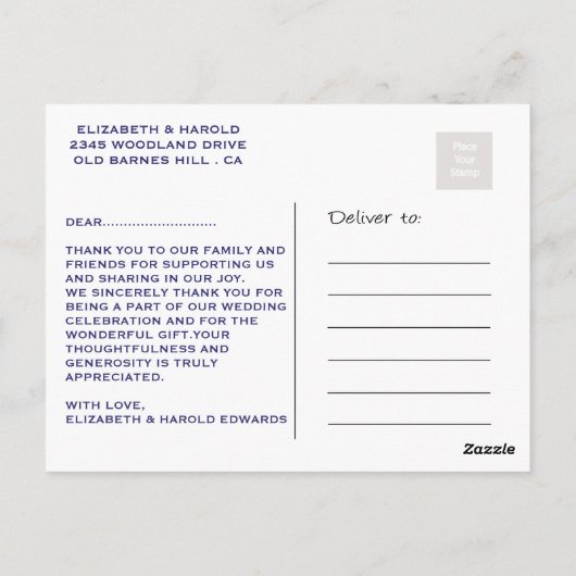 Elegant Nautical Wedding Danke Postcard Postkarte (Rückseite)