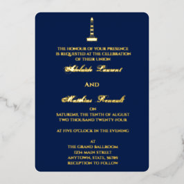 Elegant Nautical Wedding Lighthouse - Navy Blue, Folieneinladung