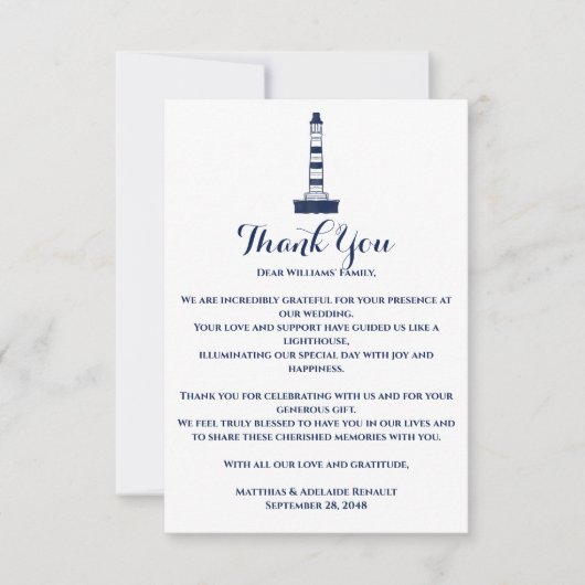 Elegant Nautical Wedding Lighthouse White & Blue Dankeskarte (Vorderseite)