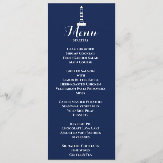 Elegant Nautical Wedding Lighthouse White & Blue Menükarte (Vorderseite)