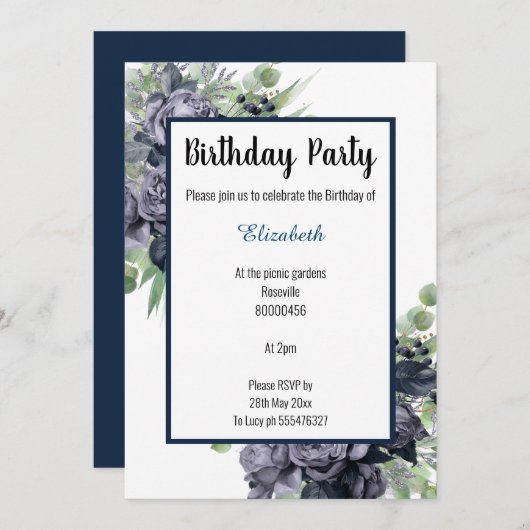 ELEGANT NAVANT BLUE BOTANICAL FLORAL EUCALYPTUS EINLADUNG (Vorne/Hinten)