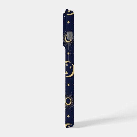 Elegant Navy and Gold Celestial Moon & Sun Pattern iPhone Hülle (Linke Seite)