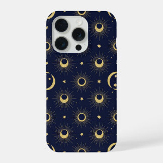 Elegant Navy and Gold Celestial Moon & Sun Pattern iPhone 15 Pro Hülle