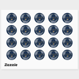 Elegant Navy and Gold Floral Wedding Envelope Seal Runder Aufkleber