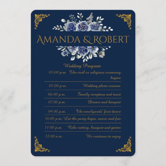 Elegant Navy and Gold Floral Wedding Program Card Programm (Vorderseite)