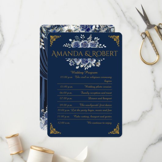 Elegant Navy and Gold Floral Wedding Program Card Programm (Vorderseite/Rückseite Beispiel)