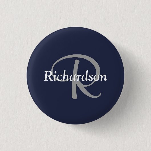 Elegant Navy Blau Weiß Silber Grau Monogrammiert Button (Vorderseite)
