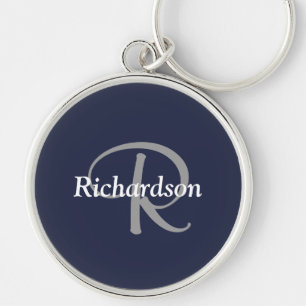 Elegant Navy Blau Weiß Silber Grau Monogrammiert Schlüsselanhänger