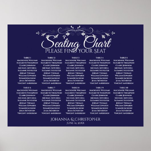 Elegant Navy Blue 10 Table Wedding Seating Chart Poster (Vorne)