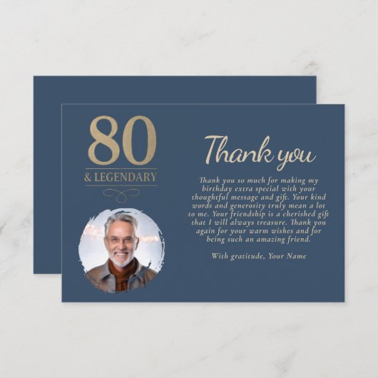 Elegant Navy Blue 80 & Legendary Birthday Foto Dankeskarte (Vorne/Hinten)