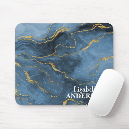 Elegant Navy Blue Agate Geode Marble Monogram Name Mousepad (Mit Mouse)