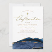 Elegant Navy Blue Agate | Gold Cross-Bestätigung Einladung (Vorderseite)