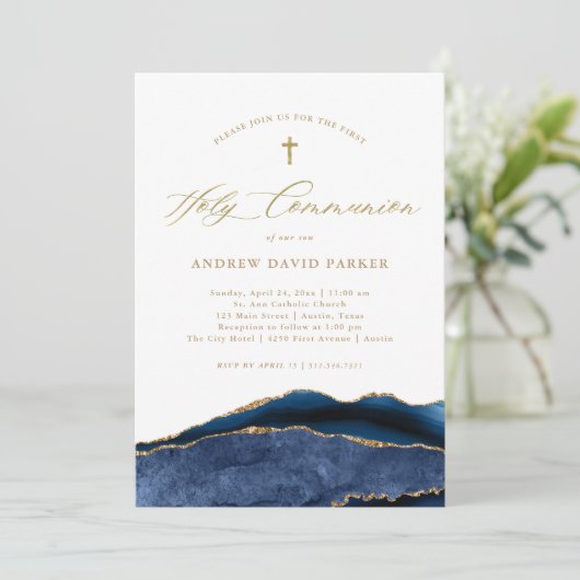 Elegant Navy Blue Agate Gold Erste Heilige Kommune Einladung (Stehend Vorderseite)