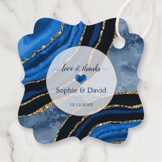 Elegant Navy Blue Agate Gold Marble Wedding Geschenkanhänger (Rückseite)