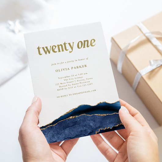 Elegant Navy Blue Agate und Gold | 21. Geburtstag Einladung
