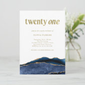 Elegant Navy Blue Agate und Gold | 21. Geburtstag Einladung (Stehend Vorderseite)