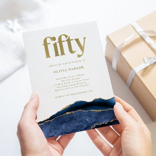 Elegant Navy Blue Agate und Gold 50. Geburtstag Einladung