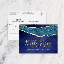 Elegant Navy Blue Agate Wedding RSVP Real Folie Einladungspostkarte