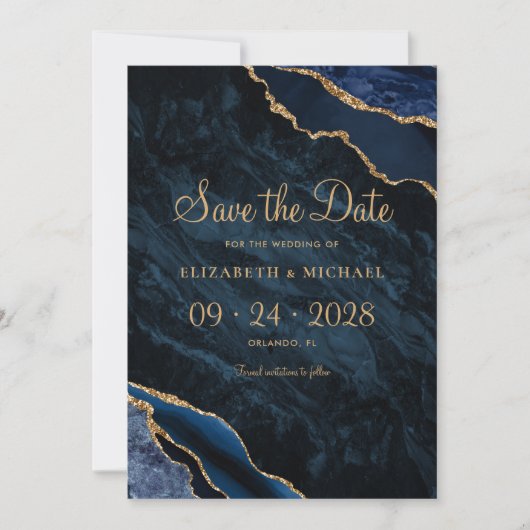 Elegant Navy Blue Agate Wedding Save the Date (Vorderseite)