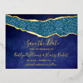 Elegant Navy Blue Agate Wedding speichern das Datu Folie Einladungspostkarte (Vorderseite)
