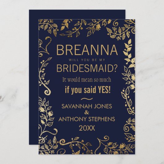 Elegant Navy Blue and Gold Floral Bridesmaids Einladung (Vorne/Hinten)