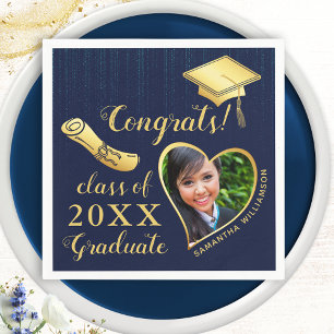 Elegant Navy Blue and Gold Foto 2025 Abschluss Serviette