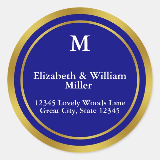 Elegant Navy Blue and Gold Monogram Address Runder Aufkleber (Vorderseite)