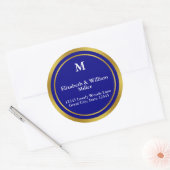 Elegant Navy Blue and Gold Monogram Address Runder Aufkleber (Umschlag)