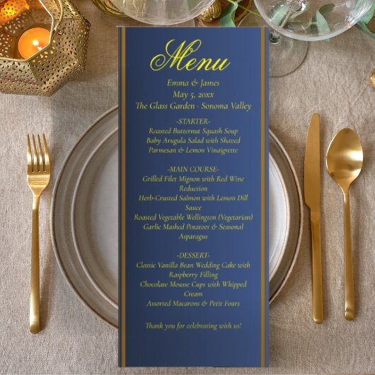 Elegant Navy Blue and Gold Wedding Menu Card Menükarte