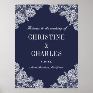 Elegant Navy Blue and Lace   Begrüßungszeichen Poster