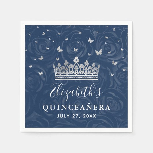 Elegant Navy Blue and Silver Crown Quinceanera Serviette (Vorderseite)