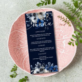 Elegant Navy Blue and Silver Floral Wedding Menu  Menükarte
